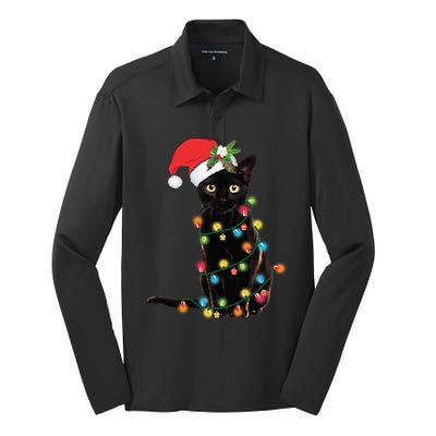 Black Cat Santa Tangled Up In Christmas Lights Silk Touch Performance Long Sleeve Polo