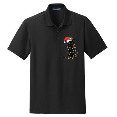 Black Cat Santa Tangled Up In Christmas Lights Dry Zone Grid Polo