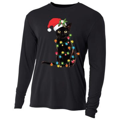 Black Cat Santa Tangled Up In Christmas Lights Cooling Performance Long Sleeve Crew