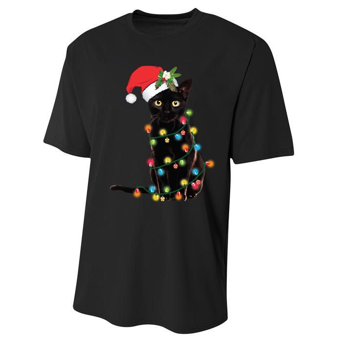 Black Cat Santa Tangled Up In Christmas Lights Performance Sprint T-Shirt