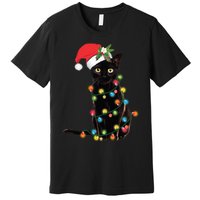 Black Cat Santa Tangled Up In Christmas Lights Premium T-Shirt