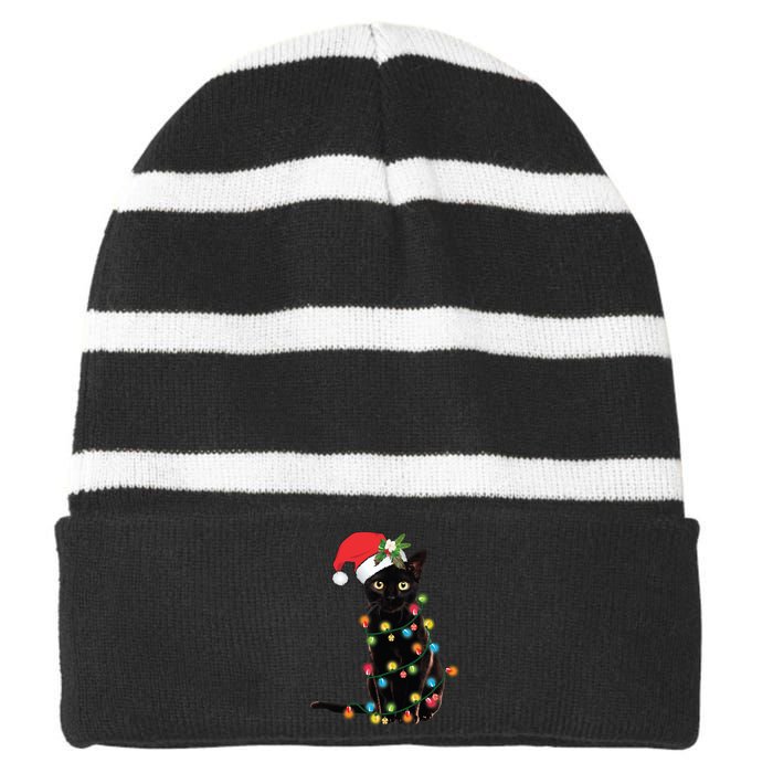 Black Cat Santa Tangled Up In Christmas Lights Striped Beanie with Solid Band