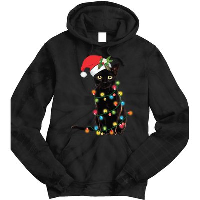 Black Cat Santa Tangled Up In Christmas Lights Tie Dye Hoodie