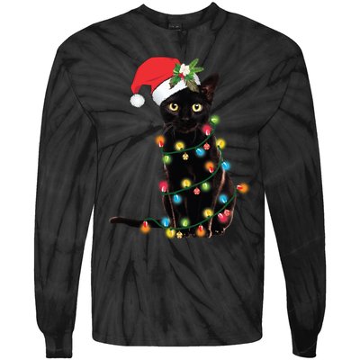 Black Cat Santa Tangled Up In Christmas Lights Tie-Dye Long Sleeve Shirt