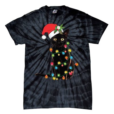 Black Cat Santa Tangled Up In Christmas Lights Tie-Dye T-Shirt