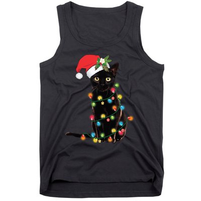 Black Cat Santa Tangled Up In Christmas Lights Tank Top