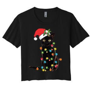 Black Cat Santa Tangled Up In Christmas Lights Women's Crop Top Tee