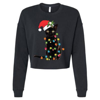 Black Cat Santa Tangled Up In Christmas Lights Cropped Pullover Crew