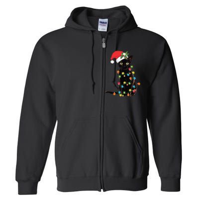 Black Cat Santa Tangled Up In Christmas Lights Full Zip Hoodie