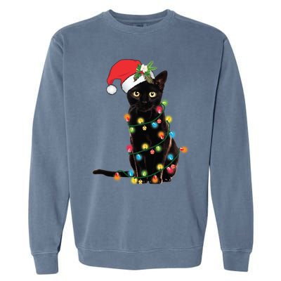 Black Cat Santa Tangled Up In Christmas Lights Garment-Dyed Sweatshirt