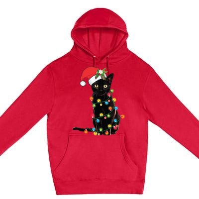 Black Cat Santa Tangled Up In Christmas Lights Premium Pullover Hoodie