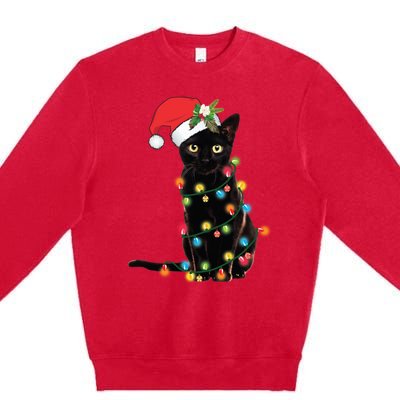 Black Cat Santa Tangled Up In Christmas Lights Premium Crewneck Sweatshirt