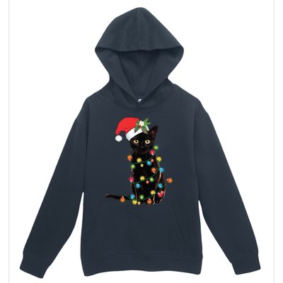 Black Cat Santa Tangled Up In Christmas Lights Urban Pullover Hoodie