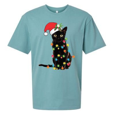 Black Cat Santa Tangled Up In Christmas Lights Sueded Cloud Jersey T-Shirt