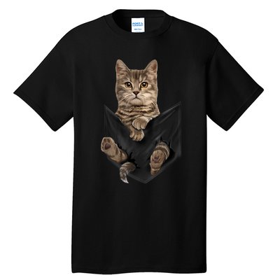 Brown Cat Sits In Pocket TShirt Cats Tee Shirt Gifts Tall T-Shirt