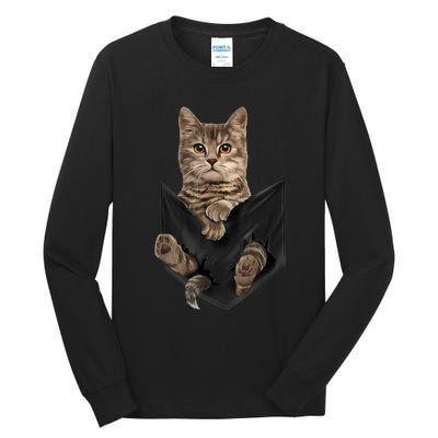 Brown Cat Sits In Pocket TShirt Cats Tee Shirt Gifts Tall Long Sleeve T-Shirt