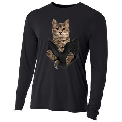 Brown Cat Sits In Pocket TShirt Cats Tee Shirt Gifts Cooling Performance Long Sleeve Crew