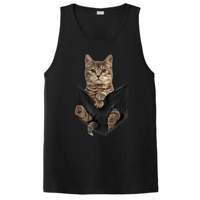 Brown Cat Sits In Pocket TShirt Cats Tee Shirt Gifts PosiCharge Competitor Tank