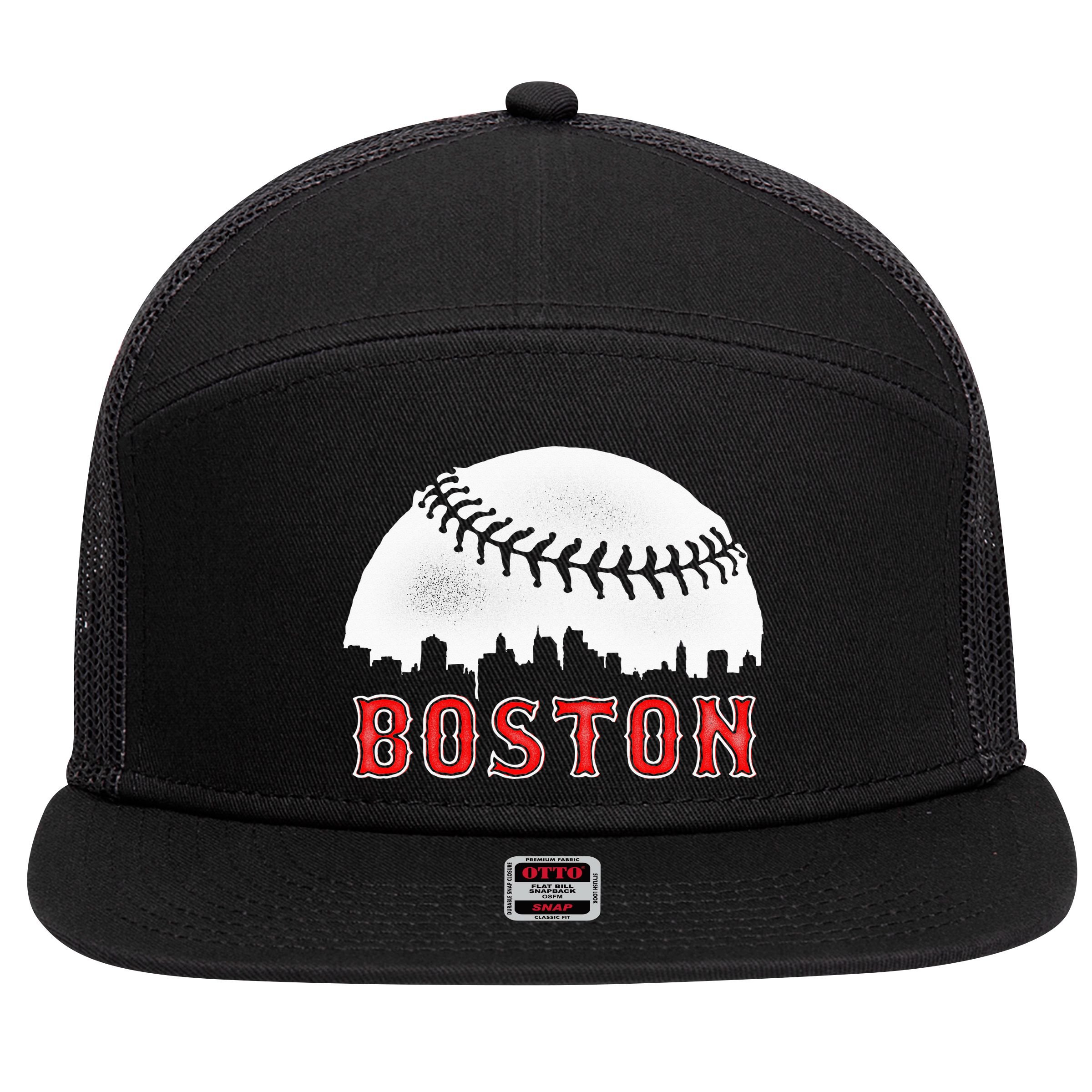 boston city skyline baseball 7 Panel Mesh Trucker Snapback Hat