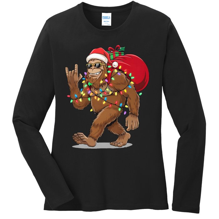 Bigfoot Christmas Santa Sasquatch With Lights Ladies Long Sleeve Shirt