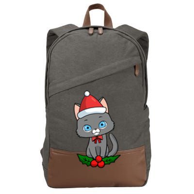 Black Cat Santa Hat Holly Plant Cotton Canvas Backpack