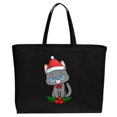 Black Cat Santa Hat Holly Plant Cotton Canvas Jumbo Tote