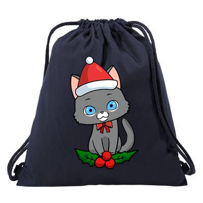 Black Cat Santa Hat Holly Plant Drawstring Bag