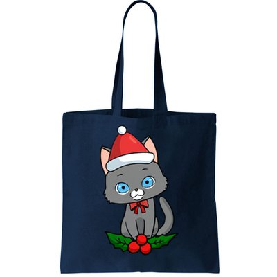 Black Cat Santa Hat Holly Plant Tote Bag