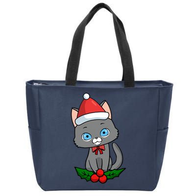 Black Cat Santa Hat Holly Plant Zip Tote Bag