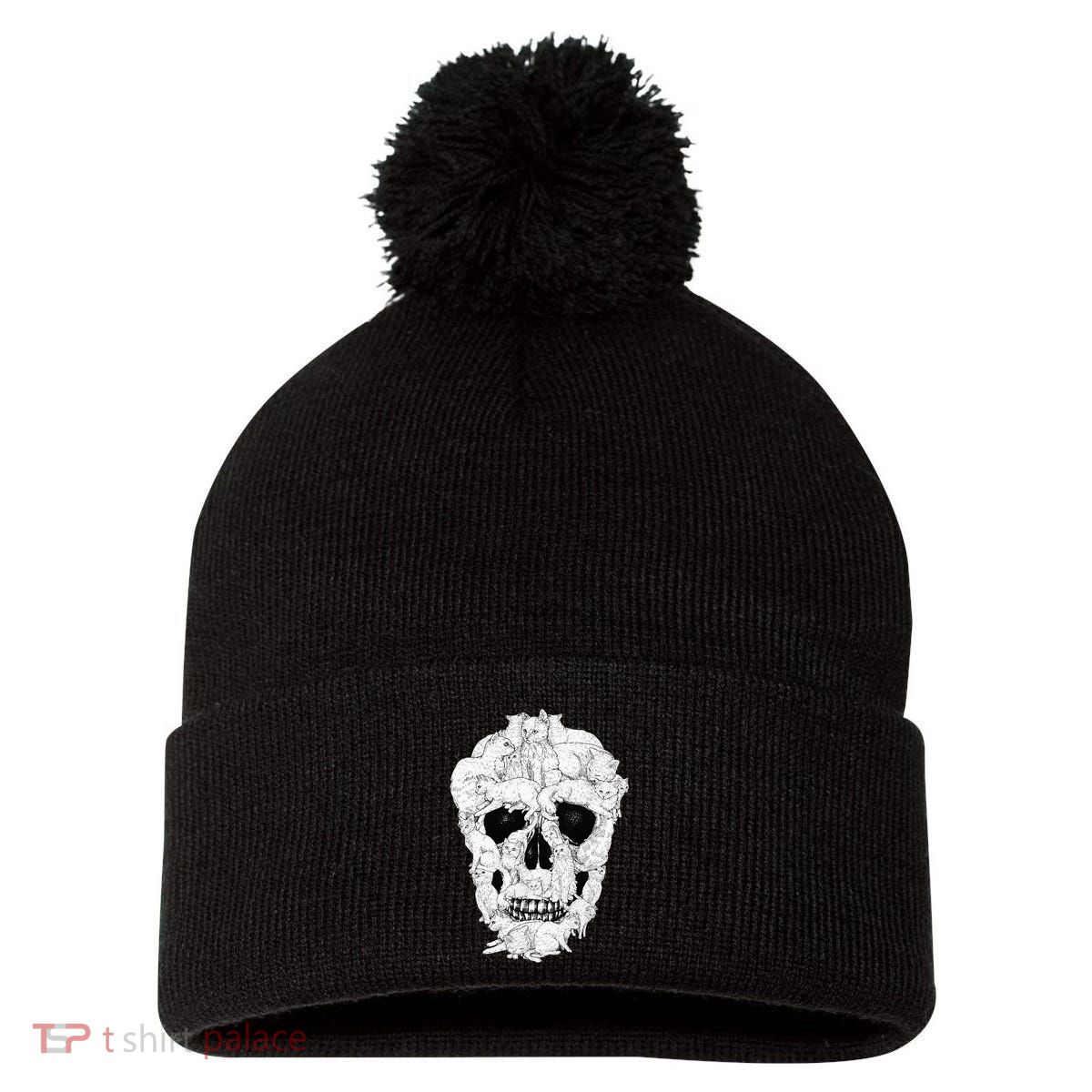 Best Cat Skull Halloween Skeleton Cat Lover Pom Pom 12in Knit Beanie