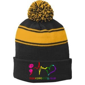 Broken Crayons Still Color Mental Health Awareness Semicolon Stripe Pom Pom Beanie