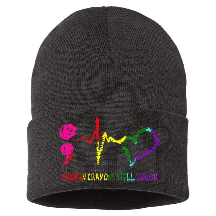 Broken Crayons Still Color Mental Health Awareness Semicolon Sustainable Knit Beanie