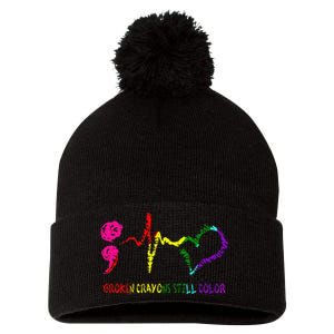 Broken Crayons Still Color Mental Health Awareness Semicolon Pom Pom 12in Knit Beanie