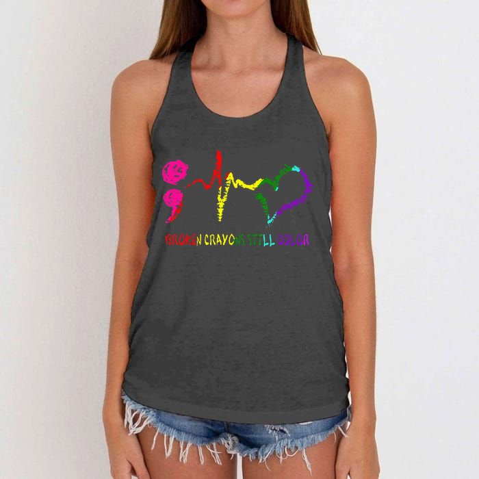 Broken Crayons Still Color Mental Health Awareness Semicolon Women's Knotted Racerback Tank