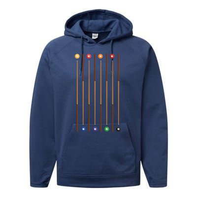 Biliard Cue Stick And 8 Pool Balls Awesome Game Gift Cool Gift Performance Fleece Hoodie