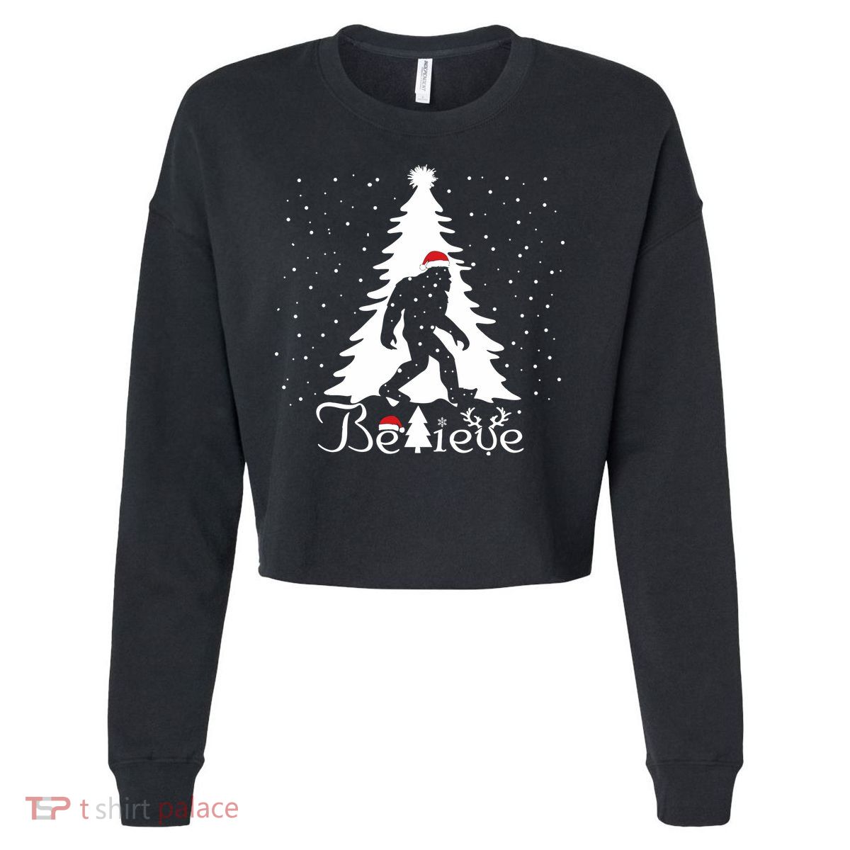 Believe Christmas Santa Bigfoot Hat Xmas Pj Costume Cropped Pullover Crew