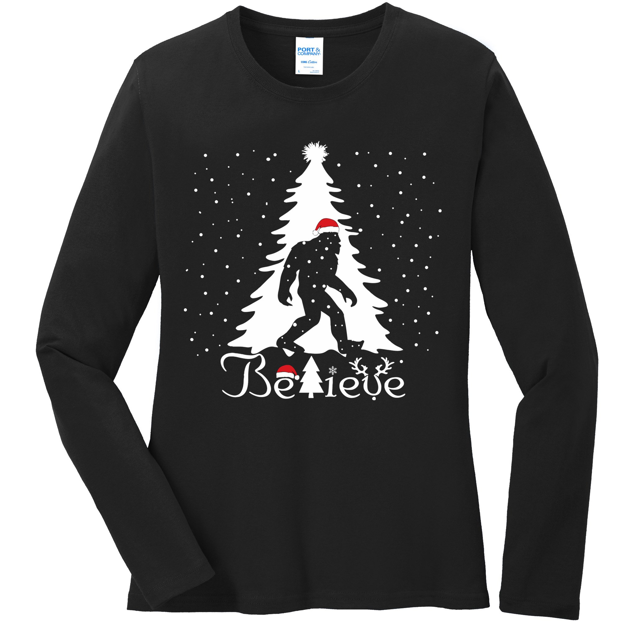Believe Christmas Santa Bigfoot Hat Xmas Pj Costume Ladies Long Sleeve Shirt