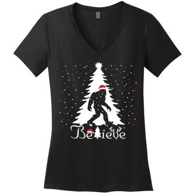 Believe Christmas Santa Bigfoot Hat Xmas Pj Costume Women's V-Neck T-Shirt