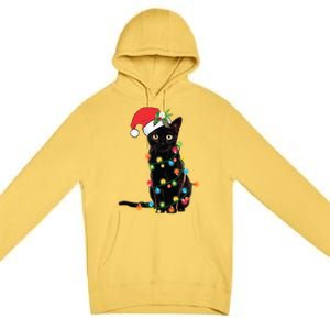 Black Cat Santa Tangled Up In Christmas Lights Gift Premium Pullover Hoodie