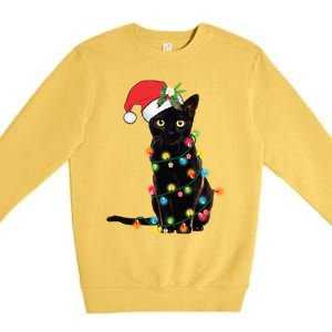 Black Cat Santa Tangled Up In Christmas Lights Gift Premium Crewneck Sweatshirt