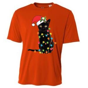 Black Cat Santa Tangled Up In Christmas Lights Gift Cooling Performance Crew T-Shirt