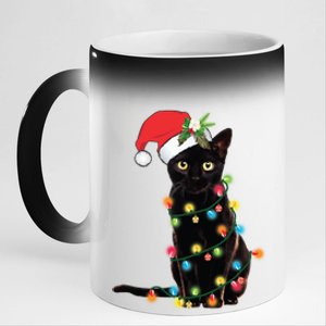 Black Cat Santa Tangled Up In Christmas Lights Gift 11oz Black Color Changing Mug