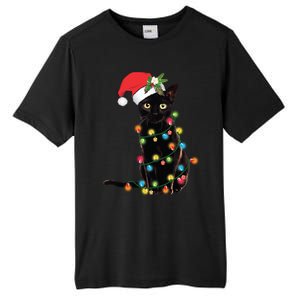 Black Cat Santa Tangled Up In Christmas Lights Gift Tall Fusion ChromaSoft Performance T-Shirt