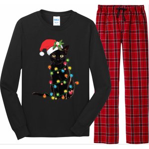 Black Cat Santa Tangled Up In Christmas Lights Gift Long Sleeve Pajama Set