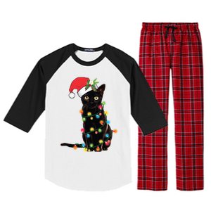 Black Cat Santa Tangled Up In Christmas Lights Gift Raglan Sleeve Pajama Set