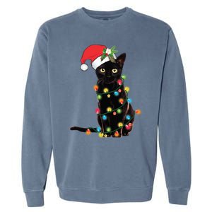 Black Cat Santa Tangled Up In Christmas Lights Gift Garment-Dyed Sweatshirt