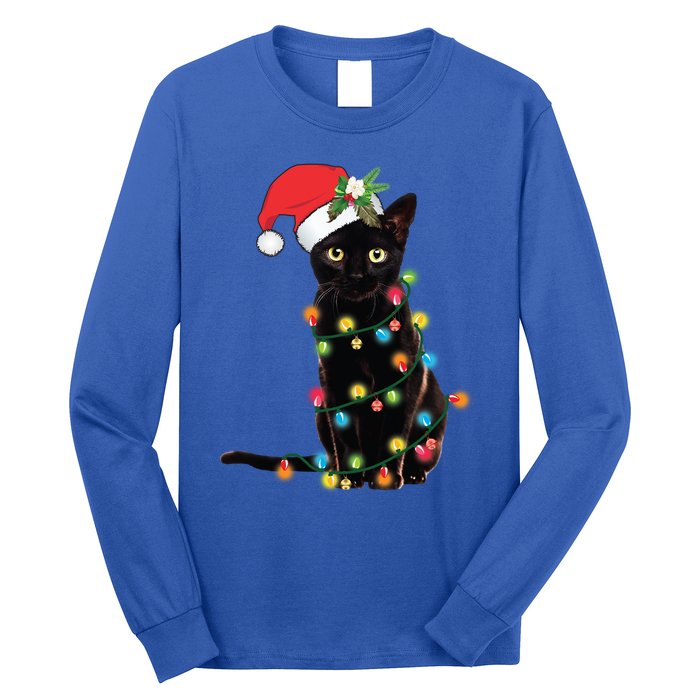 Black Cat Santa Tangled Up In Christmas Lights Gift Long Sleeve Shirt