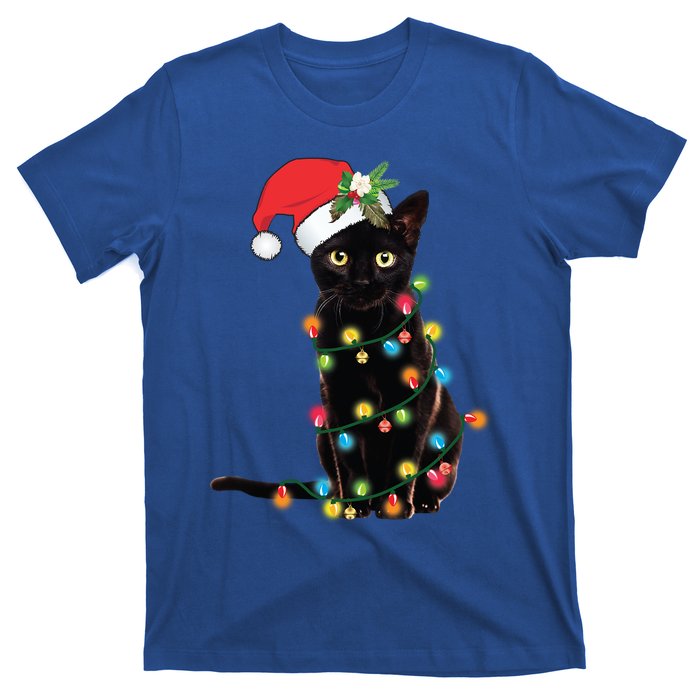 Black Cat Santa Tangled Up In Christmas Lights Gift T-Shirt