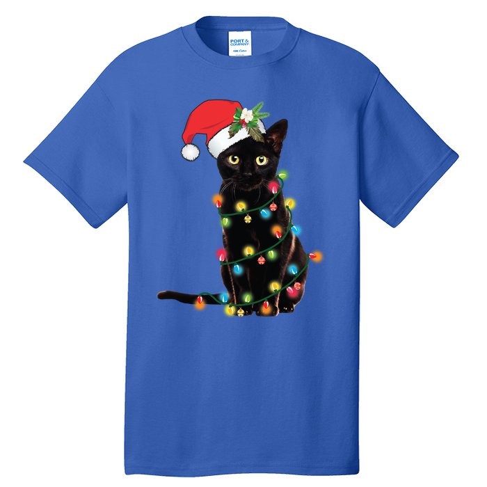 Black Cat Santa Tangled Up In Christmas Lights Gift Tall T-Shirt