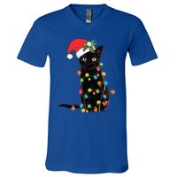 Black Cat Santa Tangled Up In Christmas Lights Gift V-Neck T-Shirt